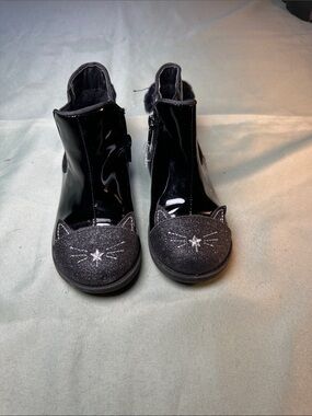 Primark Black Patent Girls' Ankle Boots with Glitter Cat Toes